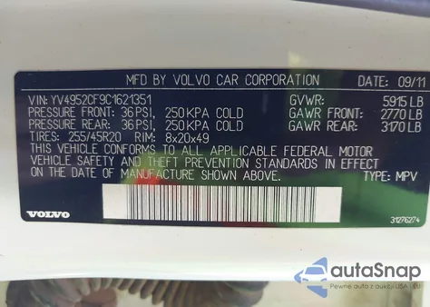 2012 Volvo Xc90 3.2 R-Design from USA, damaged, VIN YV4952CF9C1621351